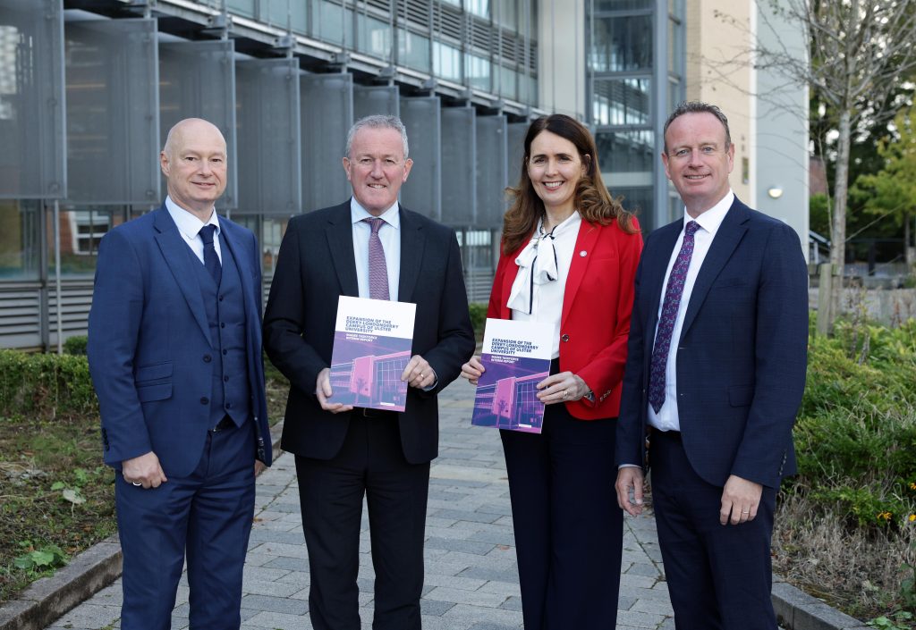 Vice Chancellor Ulster University Paul Bartholomew; Economy Minister Conor Murphy; Taskforce vice-Chair Nicola Skelly; Magee Taskforce Chair Stephen Kelly..